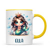 Personalised with Name, Dark-Haired Mermaid Princess Kids Mug – Custom Under-the-Sea Cup for Children – Available in 11oz, 6oz & Enamel