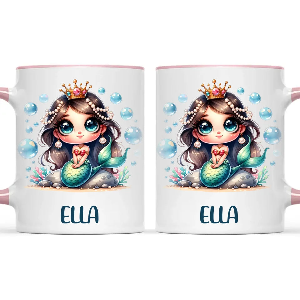 Personalised with Name, Dark-Haired Mermaid Princess Kids Mug – Custom Under-the-Sea Cup for Children – Available in 11oz, 6oz & Enamel