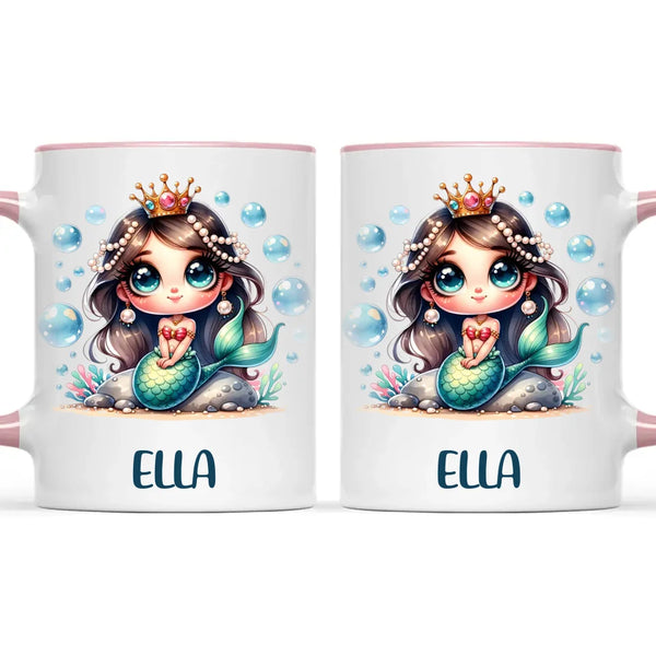 Personalised with Name, Dark-Haired Mermaid Princess Kids Mug – Custom Under-the-Sea Cup for Children – Available in 11oz, 6oz & Enamel