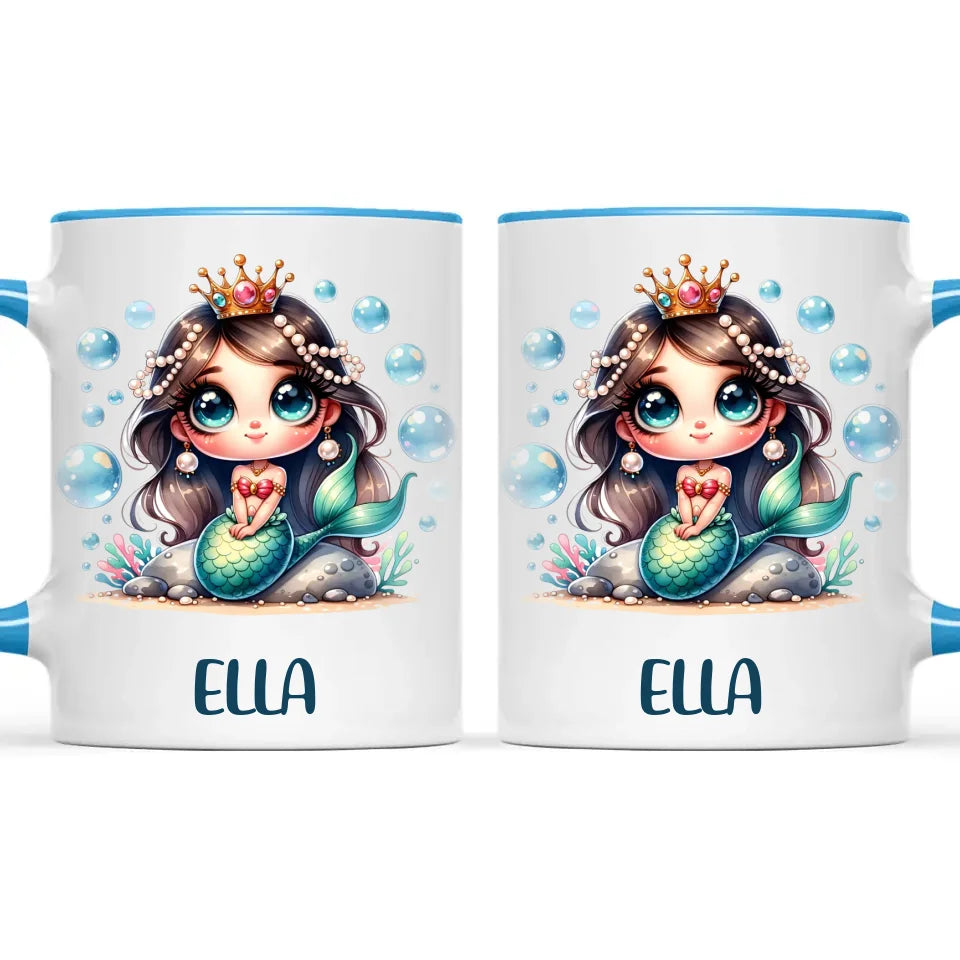 Personalised with Name, Dark-Haired Mermaid Princess Kids Mug – Custom Under-the-Sea Cup for Children – Available in 11oz, 6oz & Enamel