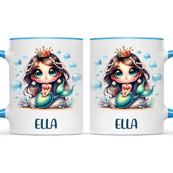 Personalised with Name, Dark-Haired Mermaid Princess Kids Mug – Custom Under-the-Sea Cup for Children – Available in 11oz, 6oz & Enamel