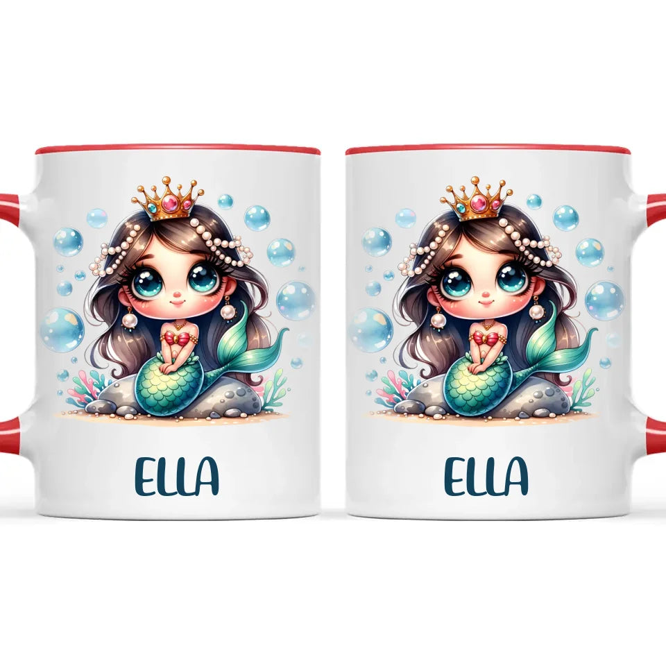 Personalised with Name, Dark-Haired Mermaid Princess Kids Mug – Custom Under-the-Sea Cup for Children – Available in 11oz, 6oz & Enamel