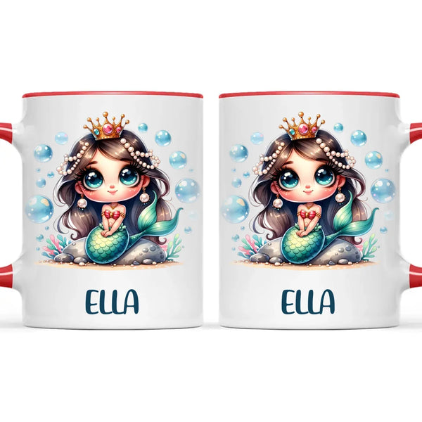 Personalised with Name, Dark-Haired Mermaid Princess Kids Mug – Custom Under-the-Sea Cup for Children – Available in 11oz, 6oz & Enamel