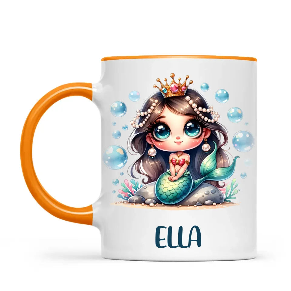 Personalised with Name, Dark-Haired Mermaid Princess Kids Mug – Custom Under-the-Sea Cup for Children – Available in 11oz, 6oz & Enamel
