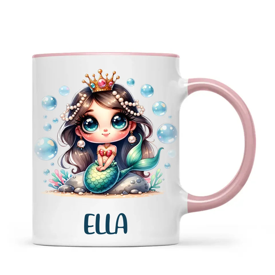 Personalised with Name, Dark-Haired Mermaid Princess Kids Mug – Custom Under-the-Sea Cup for Children – Available in 11oz, 6oz & Enamel