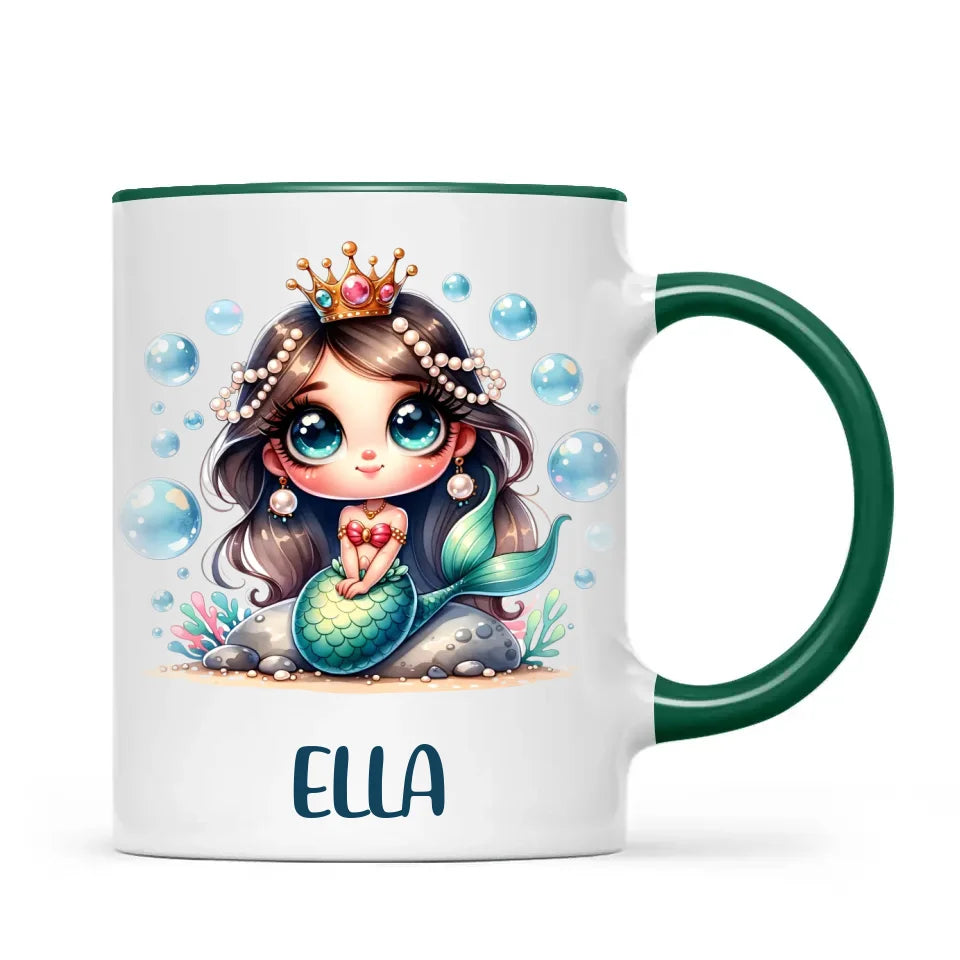 Personalised with Name, Dark-Haired Mermaid Princess Kids Mug – Custom Under-the-Sea Cup for Children – Available in 11oz, 6oz & Enamel