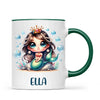 Personalised with Name, Dark-Haired Mermaid Princess Kids Mug – Custom Under-the-Sea Cup for Children – Available in 11oz, 6oz & Enamel