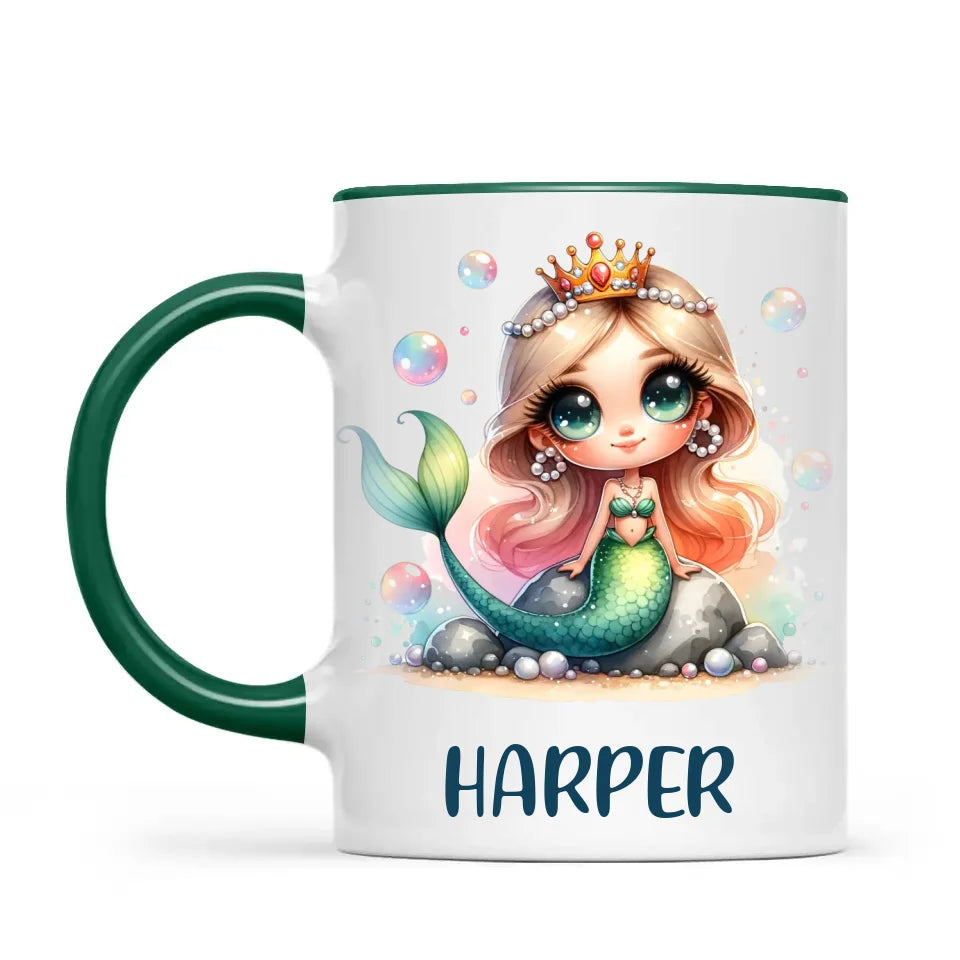 Personalised with Name, Mermaid Princess Kids Mug – Custom Ocean Fantasy Cup for Children – Available in 11oz, 6oz & Enamel