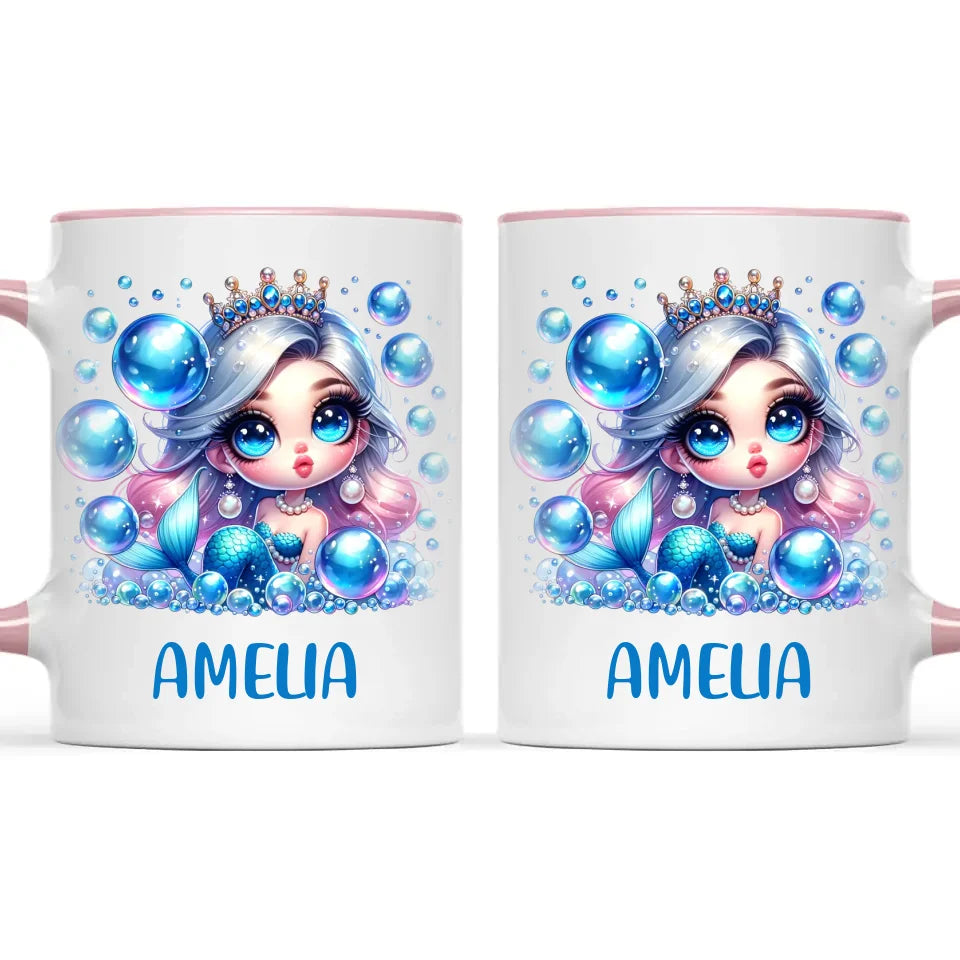Personalised with Name, Blue Mermaid Princess Kids Mug – Custom Under the Sea Cup for Children – Available in 11oz, 6oz & Enamel