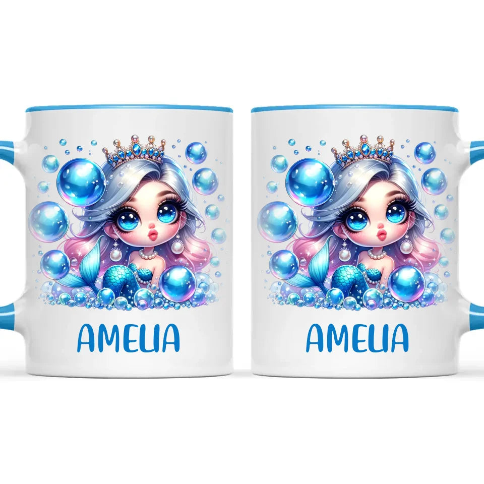 Personalised with Name, Blue Mermaid Princess Kids Mug – Custom Under the Sea Cup for Children – Available in 11oz, 6oz & Enamel