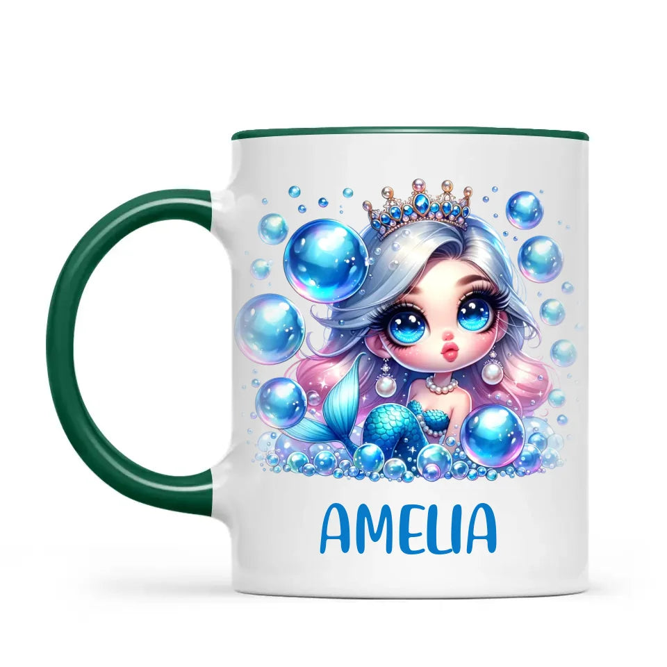 Personalised with Name, Blue Mermaid Princess Kids Mug – Custom Under the Sea Cup for Children – Available in 11oz, 6oz & Enamel