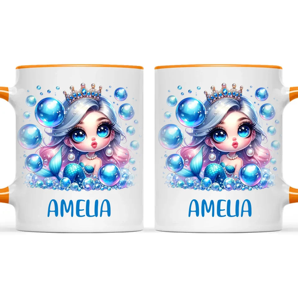 Personalised with Name, Blue Mermaid Princess Kids Mug – Custom Under the Sea Cup for Children – Available in 11oz, 6oz & Enamel