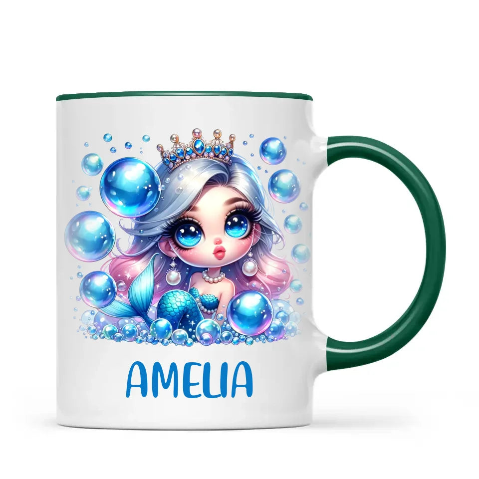 Personalised with Name, Blue Mermaid Princess Kids Mug – Custom Under the Sea Cup for Children – Available in 11oz, 6oz & Enamel