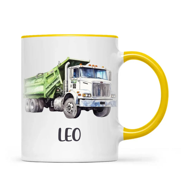 Personalised with Name, Green Dump Truck Kids Mug – Custom Construction Vehicle Cup for Children – Available in 11oz, 6oz & Enamel