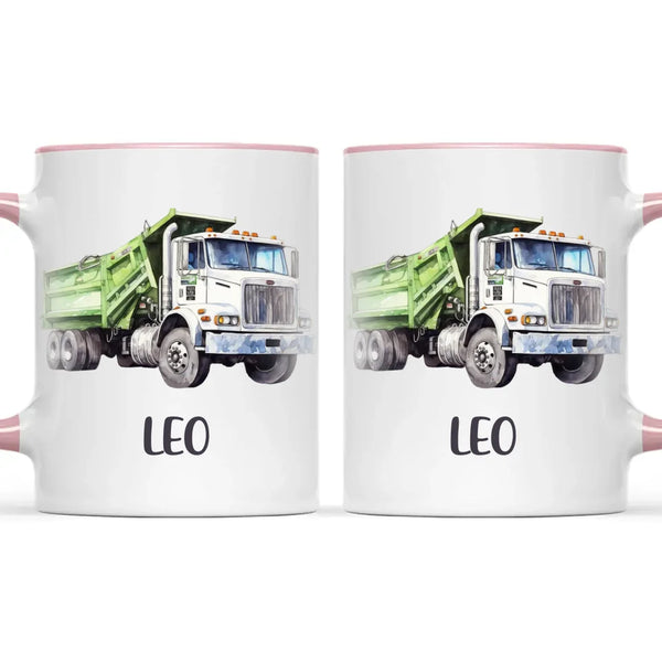 Personalised with Name, Green Dump Truck Kids Mug – Custom Construction Vehicle Cup for Children – Available in 11oz, 6oz & Enamel