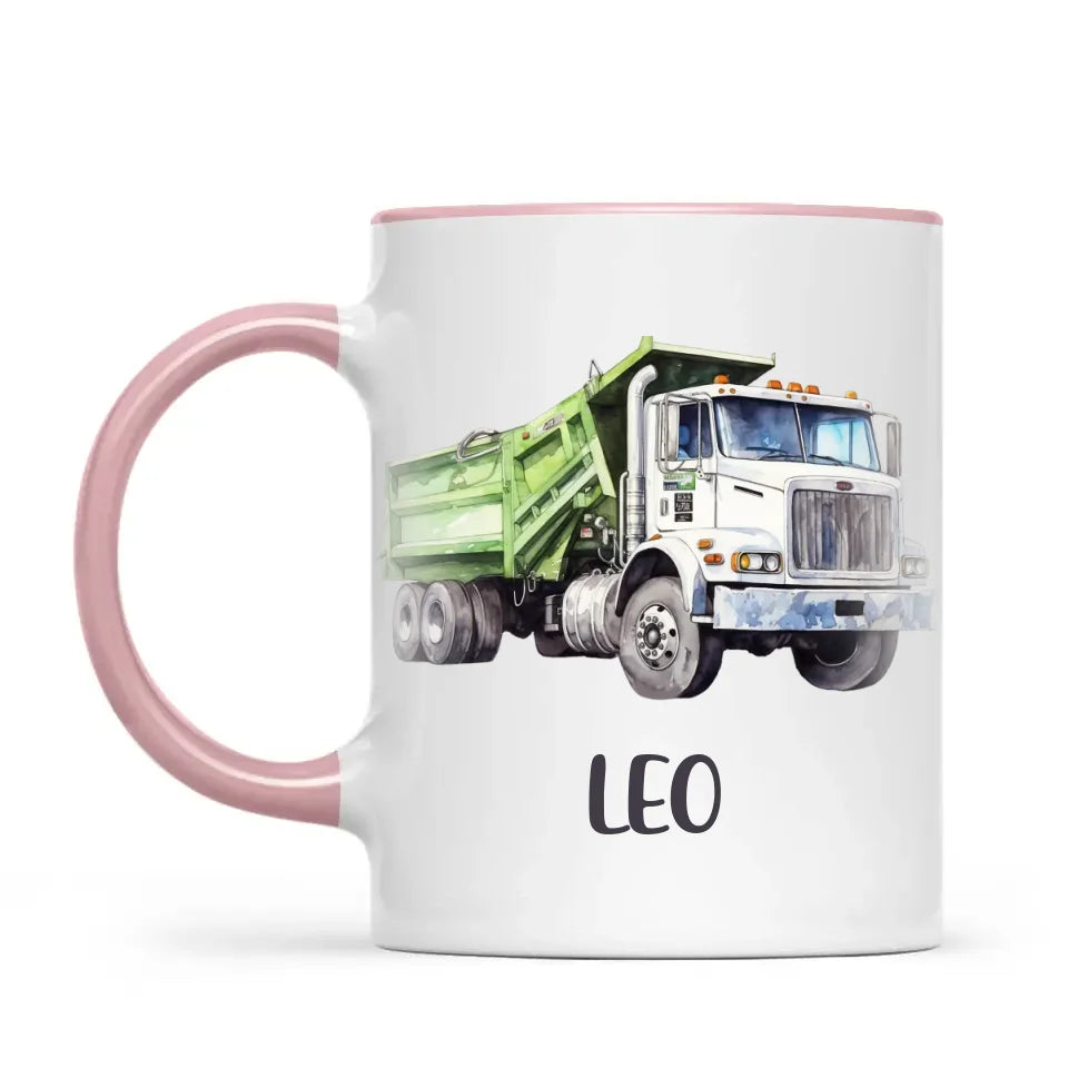 Personalised with Name, Green Dump Truck Kids Mug – Custom Construction Vehicle Cup for Children – Available in 11oz, 6oz & Enamel