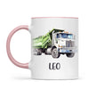Personalised with Name, Green Dump Truck Kids Mug – Custom Construction Vehicle Cup for Children – Available in 11oz, 6oz & Enamel
