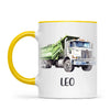 Personalised with Name, Green Dump Truck Kids Mug – Custom Construction Vehicle Cup for Children – Available in 11oz, 6oz & Enamel