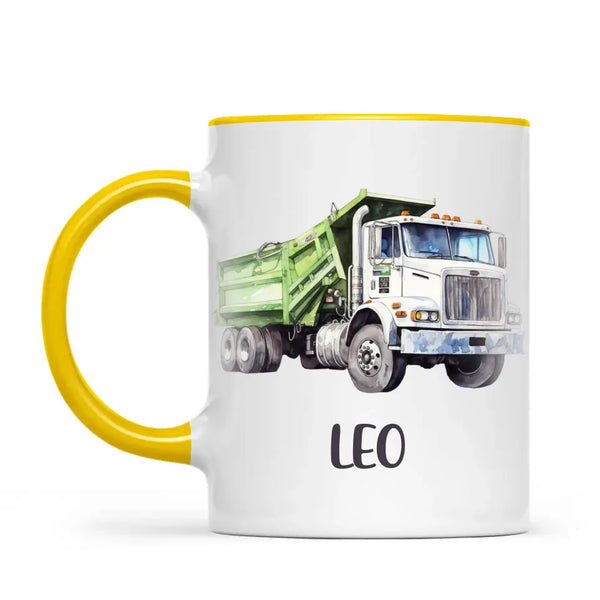 Personalised with Name, Green Dump Truck Kids Mug – Custom Construction Vehicle Cup for Children – Available in 11oz, 6oz & Enamel
