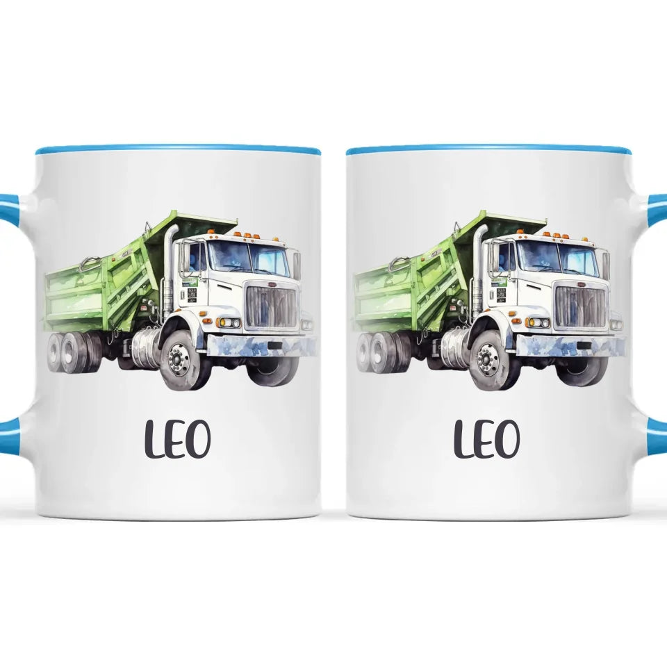 Personalised with Name, Green Dump Truck Kids Mug – Custom Construction Vehicle Cup for Children – Available in 11oz, 6oz & Enamel