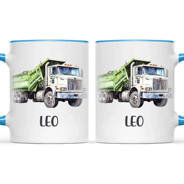 Personalised with Name, Green Dump Truck Kids Mug – Custom Construction Vehicle Cup for Children – Available in 11oz, 6oz & Enamel