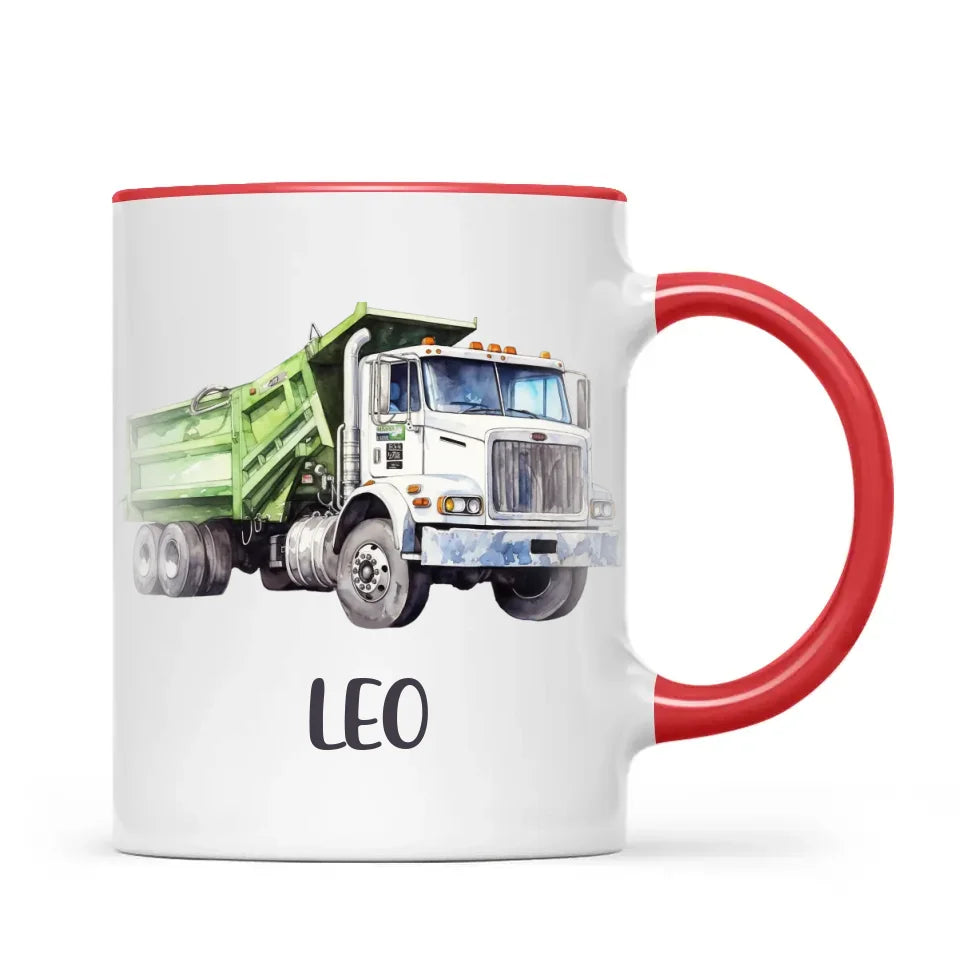 Personalised with Name, Green Dump Truck Kids Mug – Custom Construction Vehicle Cup for Children – Available in 11oz, 6oz & Enamel