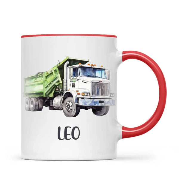 Personalised with Name, Green Dump Truck Kids Mug – Custom Construction Vehicle Cup for Children – Available in 11oz, 6oz & Enamel