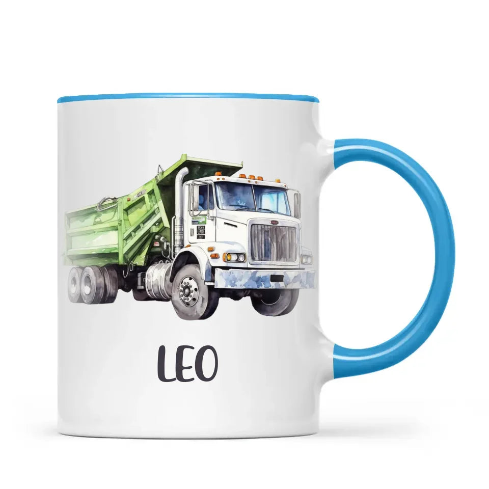 Personalised with Name, Green Dump Truck Kids Mug – Custom Construction Vehicle Cup for Children – Available in 11oz, 6oz & Enamel