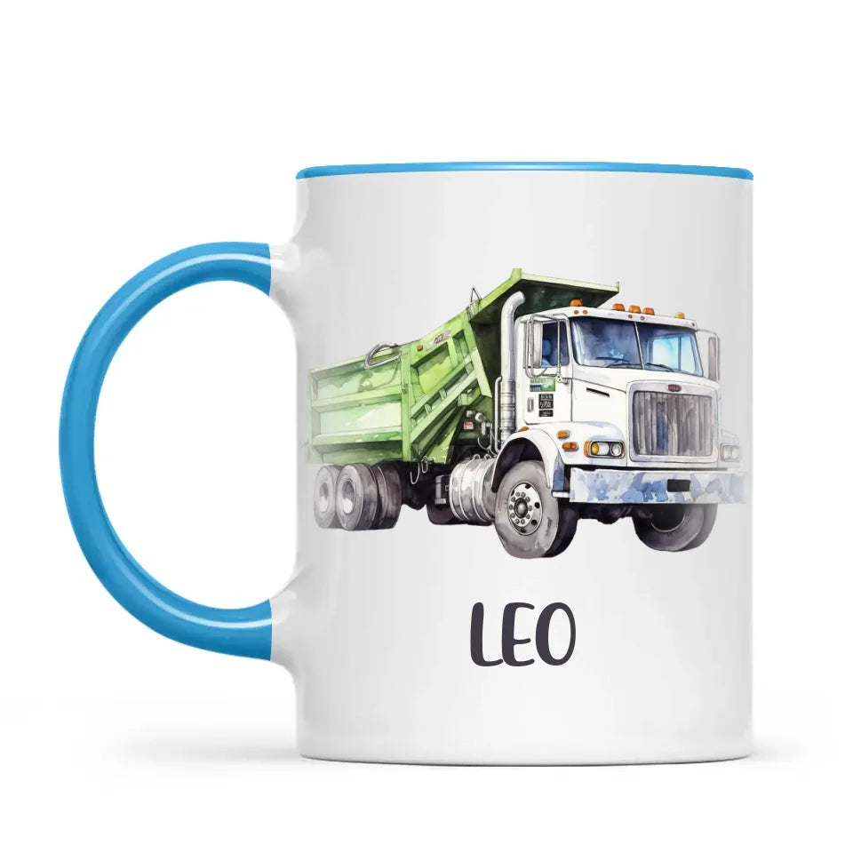 Personalised with Name, Green Dump Truck Kids Mug – Custom Construction Vehicle Cup for Children – Available in 11oz, 6oz & Enamel
