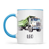 Personalised with Name, Green Dump Truck Kids Mug – Custom Construction Vehicle Cup for Children – Available in 11oz, 6oz & Enamel