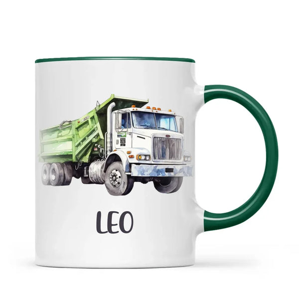 Personalised with Name, Green Dump Truck Kids Mug – Custom Construction Vehicle Cup for Children – Available in 11oz, 6oz & Enamel