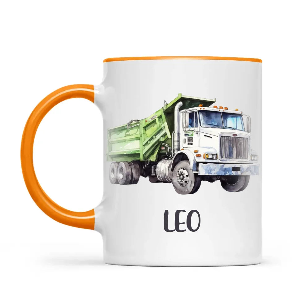 Personalised with Name, Green Dump Truck Kids Mug – Custom Construction Vehicle Cup for Children – Available in 11oz, 6oz & Enamel