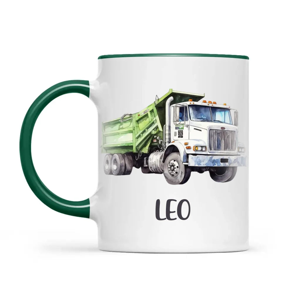 Personalised with Name, Green Dump Truck Kids Mug – Custom Construction Vehicle Cup for Children – Available in 11oz, 6oz & Enamel