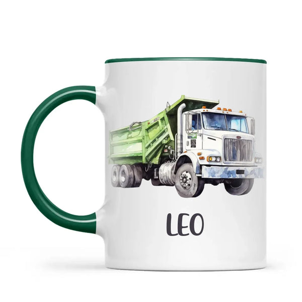 Personalised with Name, Green Dump Truck Kids Mug – Custom Construction Vehicle Cup for Children – Available in 11oz, 6oz & Enamel