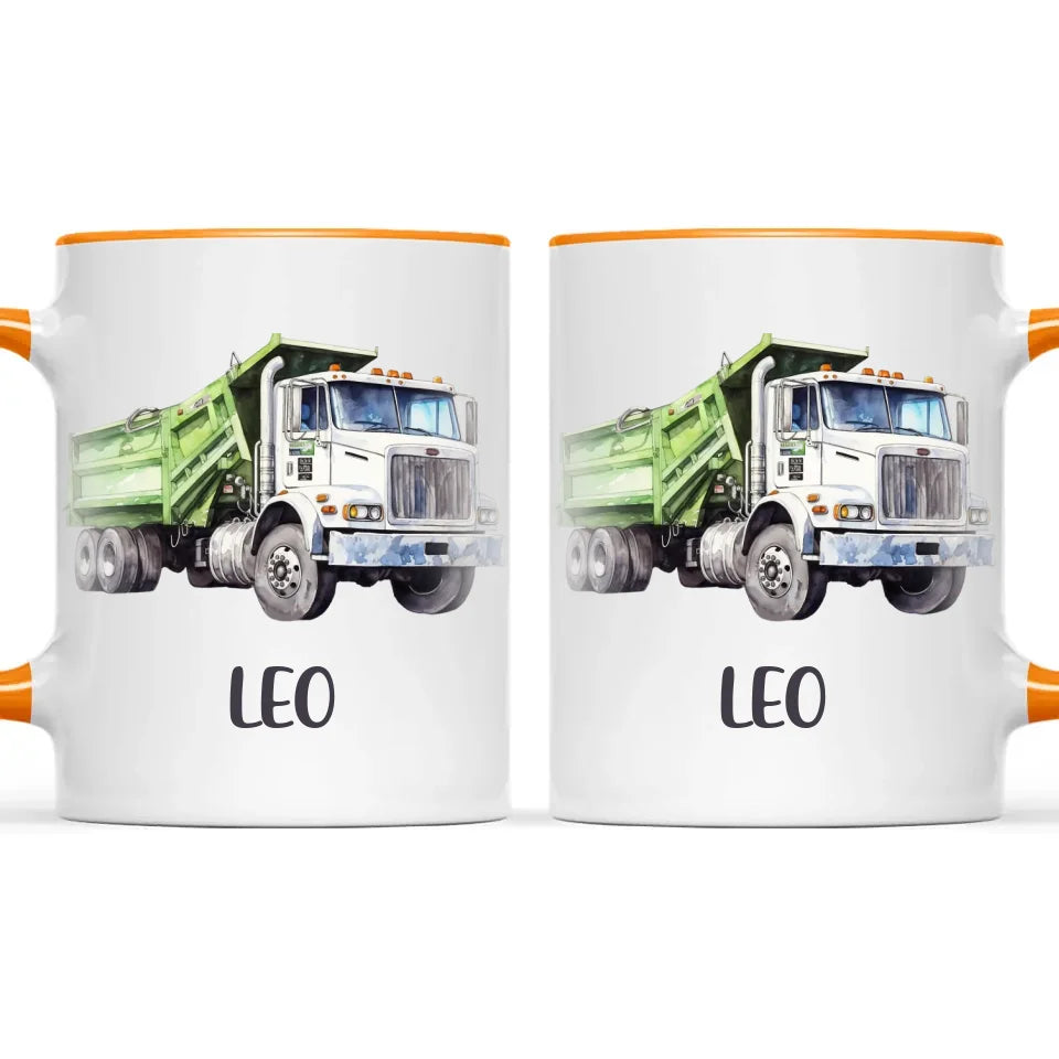 Personalised with Name, Green Dump Truck Kids Mug – Custom Construction Vehicle Cup for Children – Available in 11oz, 6oz & Enamel