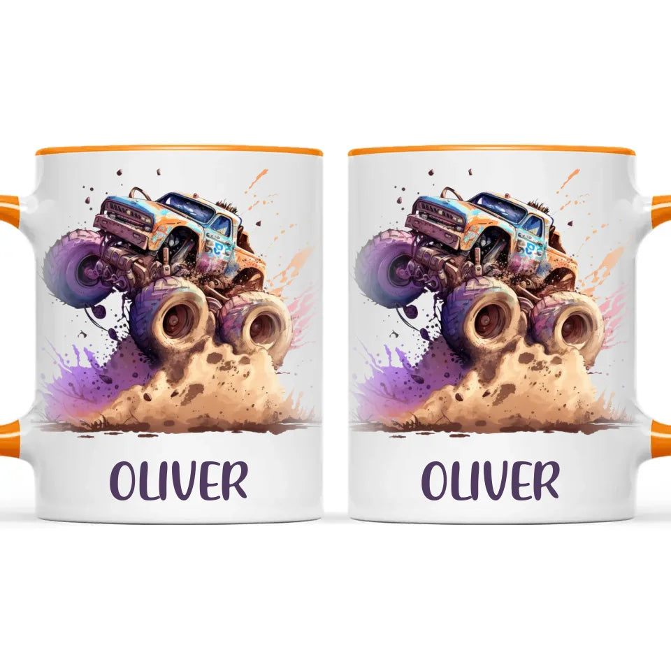 Personalised with Name, Monster Truck Adventure Kids Mug – Custom Off-Road Racing Cup for Children – Available in 11oz, 6oz & Enamel Options