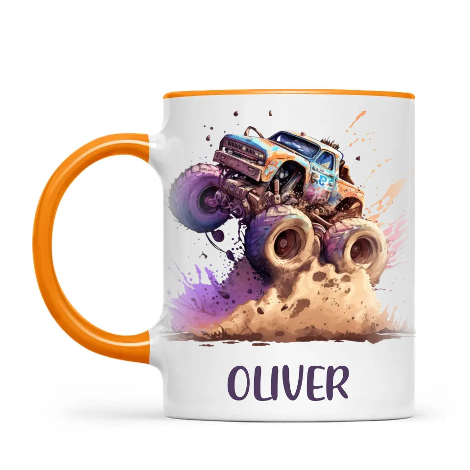 Personalised with Name, Monster Truck Adventure Kids Mug – Custom Off-Road Racing Cup for Children – Available in 11oz, 6oz & Enamel Options