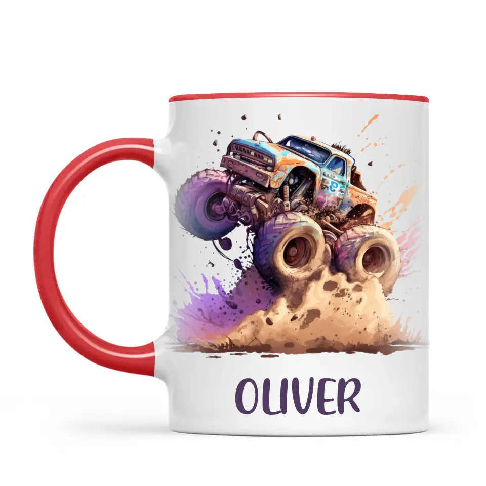 Personalised with Name, Monster Truck Adventure Kids Mug – Custom Off-Road Racing Cup for Children – Available in 11oz, 6oz & Enamel Options