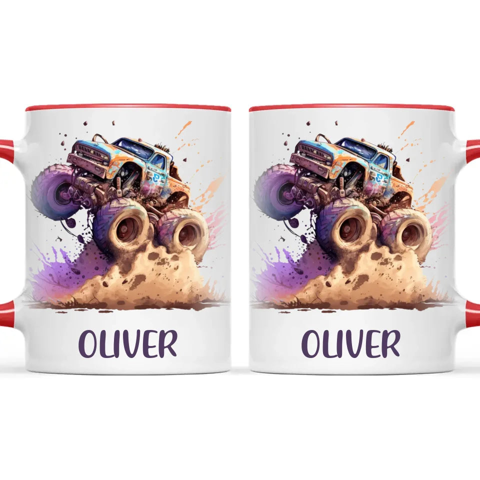 Personalised with Name, Monster Truck Adventure Kids Mug – Custom Off-Road Racing Cup for Children – Available in 11oz, 6oz & Enamel Options