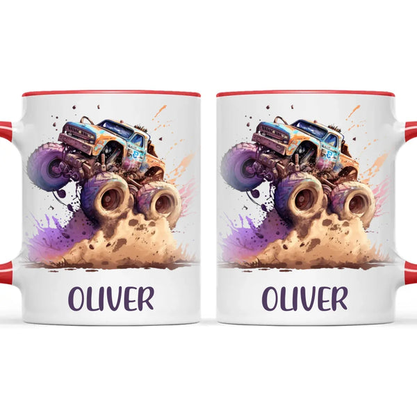 Personalised with Name, Monster Truck Adventure Kids Mug – Custom Off-Road Racing Cup for Children – Available in 11oz, 6oz & Enamel Options
