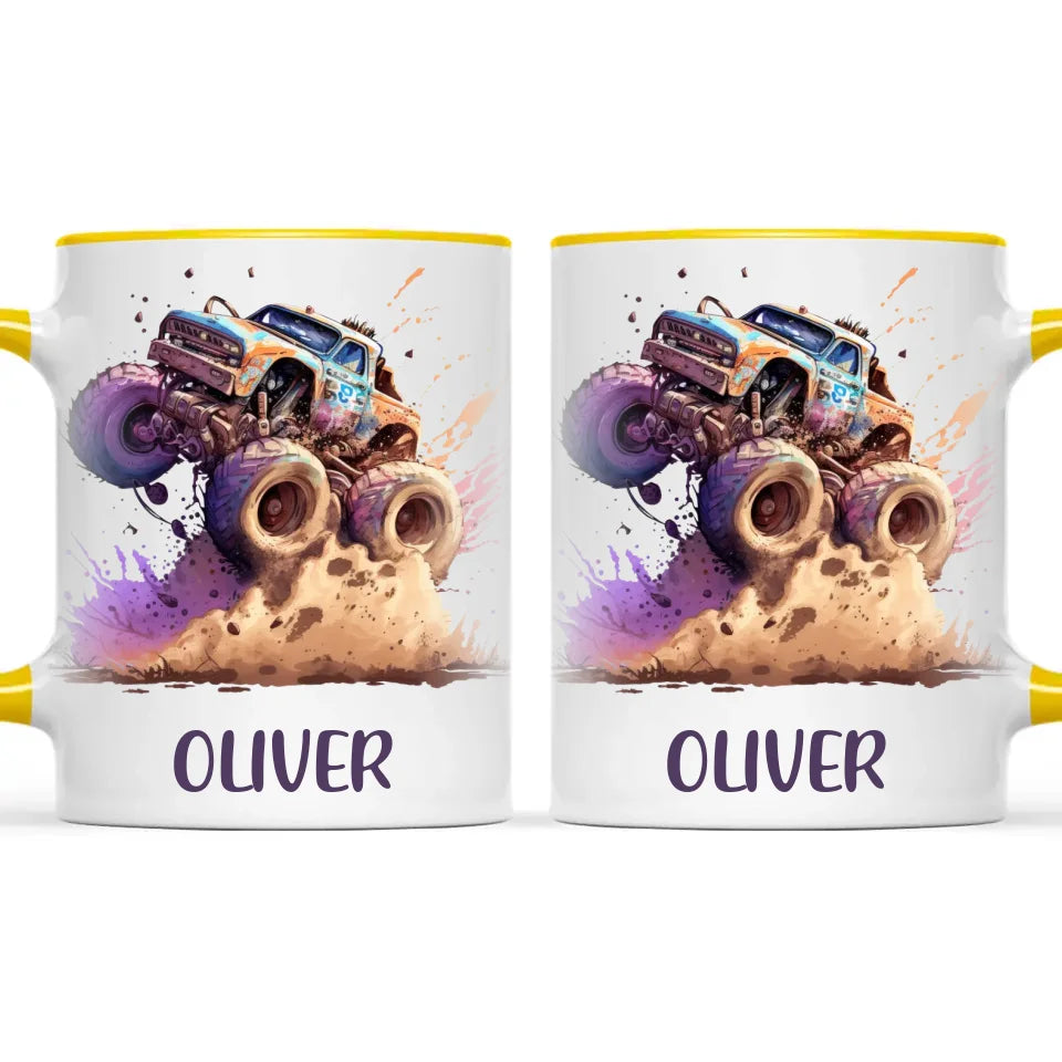 Personalised with Name, Monster Truck Adventure Kids Mug – Custom Off-Road Racing Cup for Children – Available in 11oz, 6oz & Enamel Options