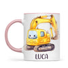 Personalised with Name, Cute Digger Kids Mug – Custom Construction Vehicle Cup for Children – Available in 11oz, 6oz & Enamel Options