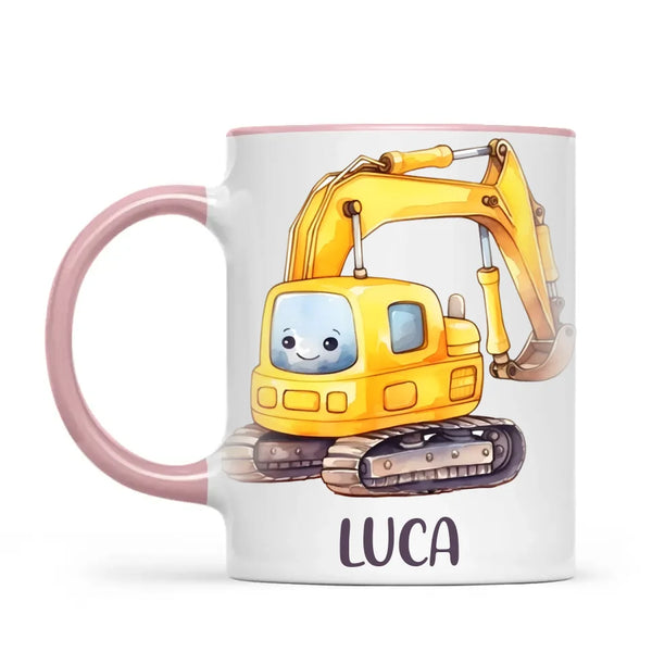 Personalised with Name, Cute Digger Kids Mug – Custom Construction Vehicle Cup for Children – Available in 11oz, 6oz & Enamel Options