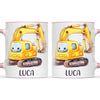 Personalised with Name, Cute Digger Kids Mug – Custom Construction Vehicle Cup for Children – Available in 11oz, 6oz & Enamel Options