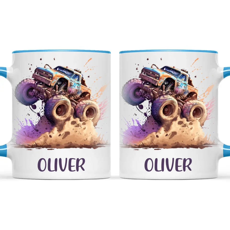 Personalised with Name, Monster Truck Adventure Kids Mug – Custom Off-Road Racing Cup for Children – Available in 11oz, 6oz & Enamel Options