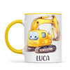 Personalised with Name, Cute Digger Kids Mug – Custom Construction Vehicle Cup for Children – Available in 11oz, 6oz & Enamel Options