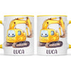 Personalised with Name, Cute Digger Kids Mug – Custom Construction Vehicle Cup for Children – Available in 11oz, 6oz & Enamel Options