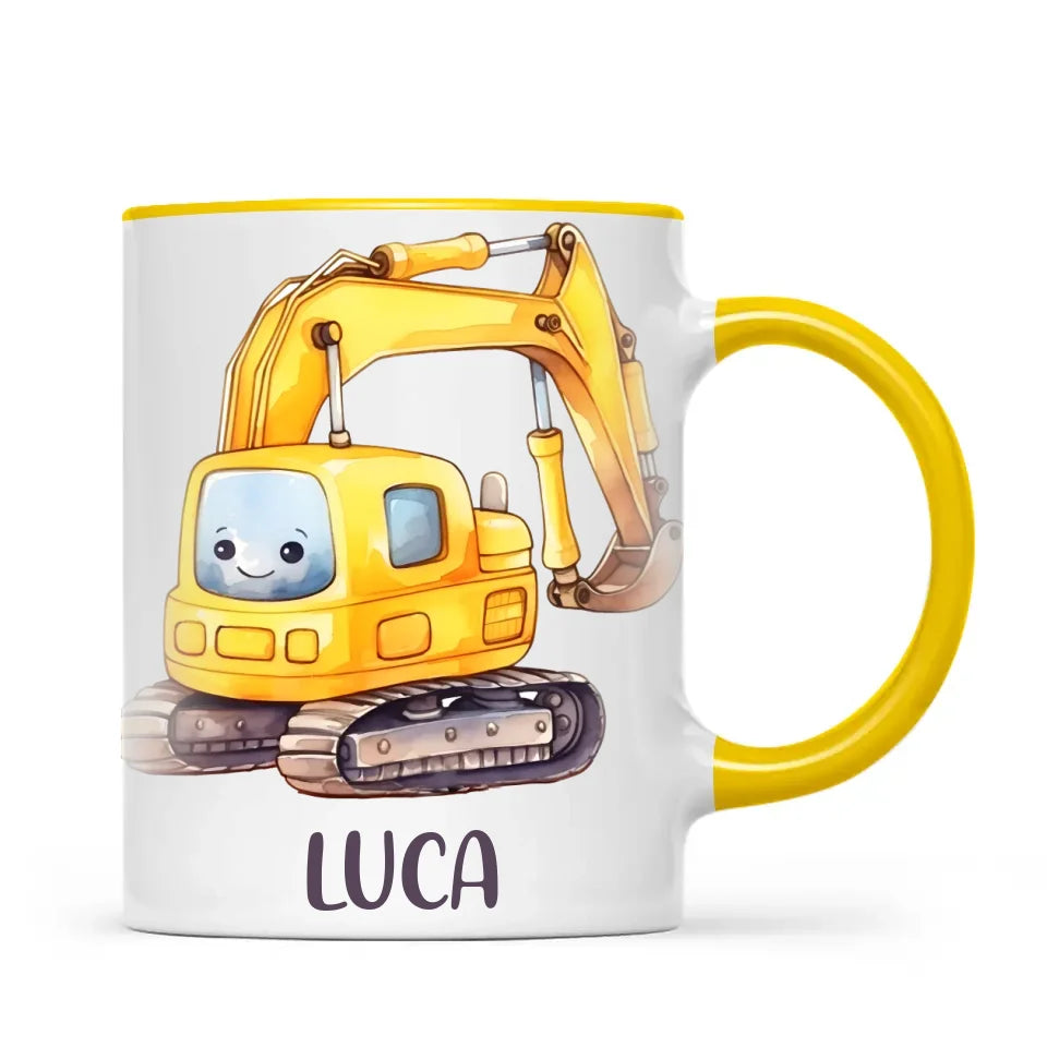 Personalised with Name, Cute Digger Kids Mug – Custom Construction Vehicle Cup for Children – Available in 11oz, 6oz & Enamel Options