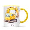 Personalised with Name, Cute Digger Kids Mug – Custom Construction Vehicle Cup for Children – Available in 11oz, 6oz & Enamel Options