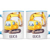 Personalised with Name, Cute Digger Kids Mug – Custom Construction Vehicle Cup for Children – Available in 11oz, 6oz & Enamel Options